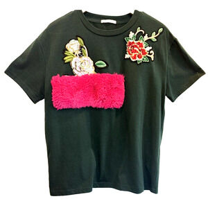 Zara Trafaluc Embroidered Fuzzy Floral Shirt Womens Size S Sequins Girlcore